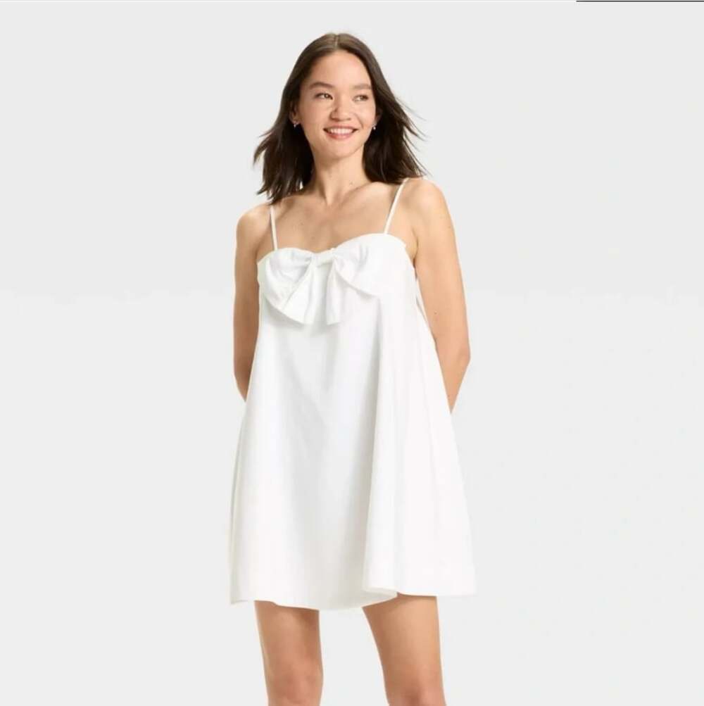 Wild Fable White Black Polka Dot Satin Bow Mini A-Line Dress Size M